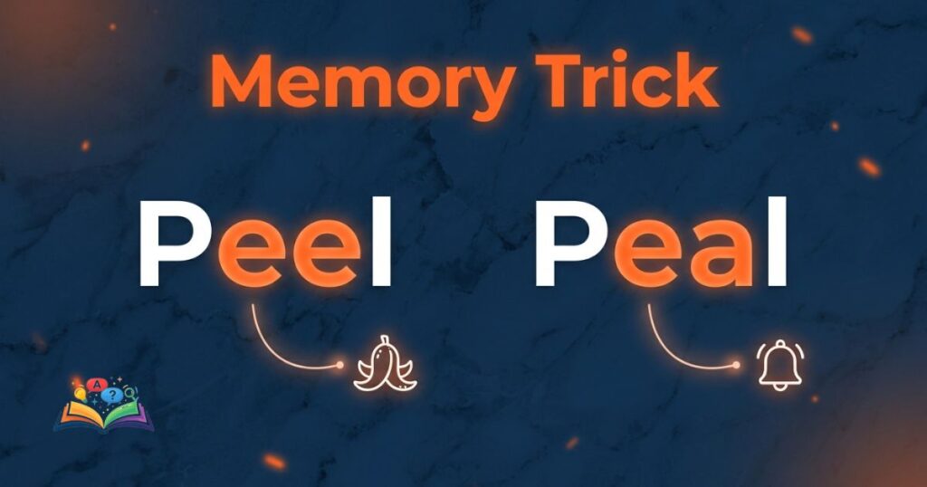 Memory trick visual highlighting the letter patterns in peel and peal to remember their meanings