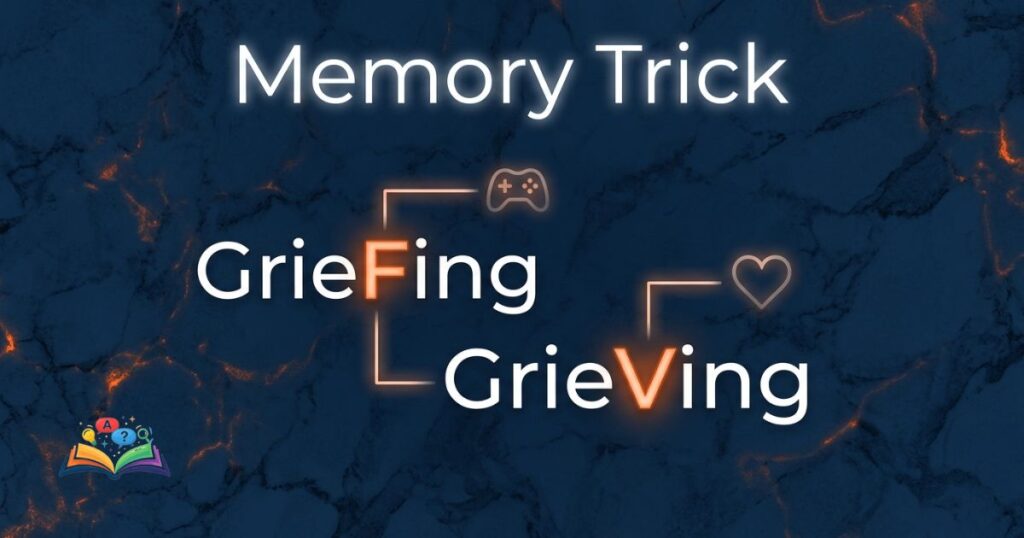Visual memory trick image helping readers remember the difference between griefing and grieving