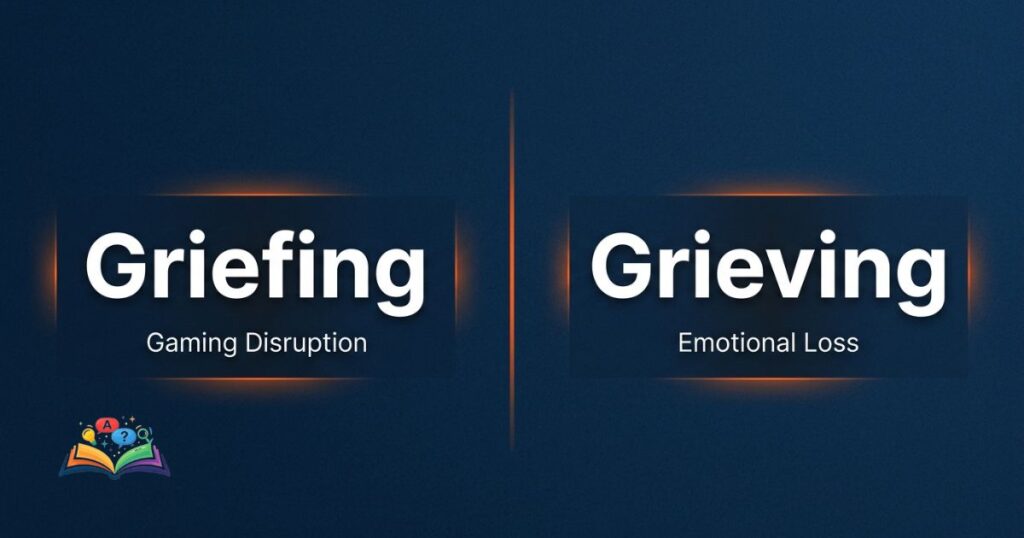 Split comparison image showing griefing as gaming disruption and grieving as emotional loss