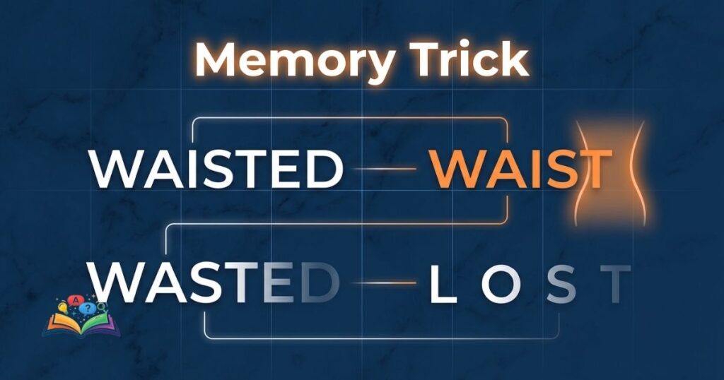 Memory trick visual showing how to remember the difference between waisted and wasted