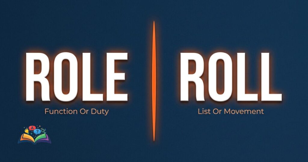 Split comparison image explaining role vs roll with balanced meanings for each word