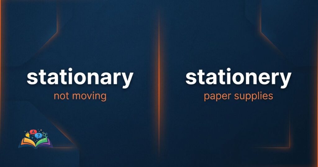 Split comparison image showing stationary as not moving and stationery as writing supplies