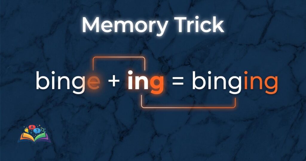 Memory trick image highlighting the spelling pattern in binging to help remember the correct form