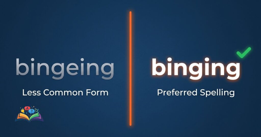 Split comparison image showing bingeing and binging with binging highlighted as the preferred modern spelling