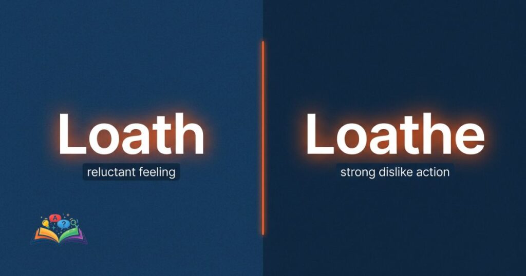 Side by side comparison of loath vs loathe with usage labels