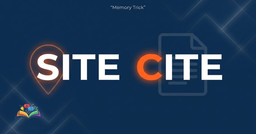 Visual memory trick showing how to remember site vs cite using letter highlighting