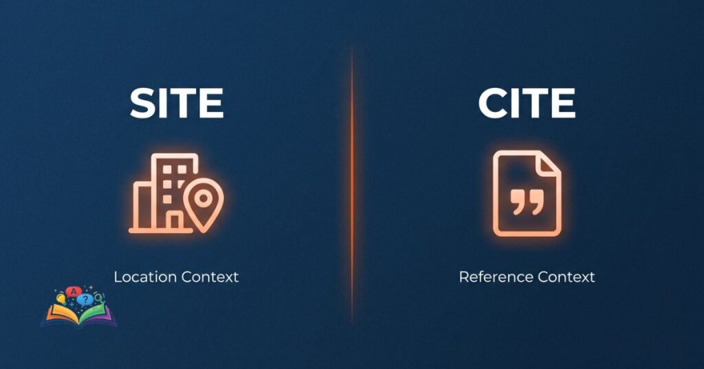 Side-by-side comparison of site vs cite showing location meaning versus citation meaning