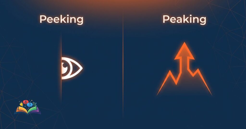 Visual metaphor showing peeking as looking and peaking as reaching a peak