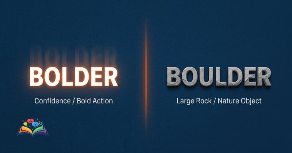 Side-by-side comparison of bolder meaning confidence and boulder meaning large rock in clean split layout design