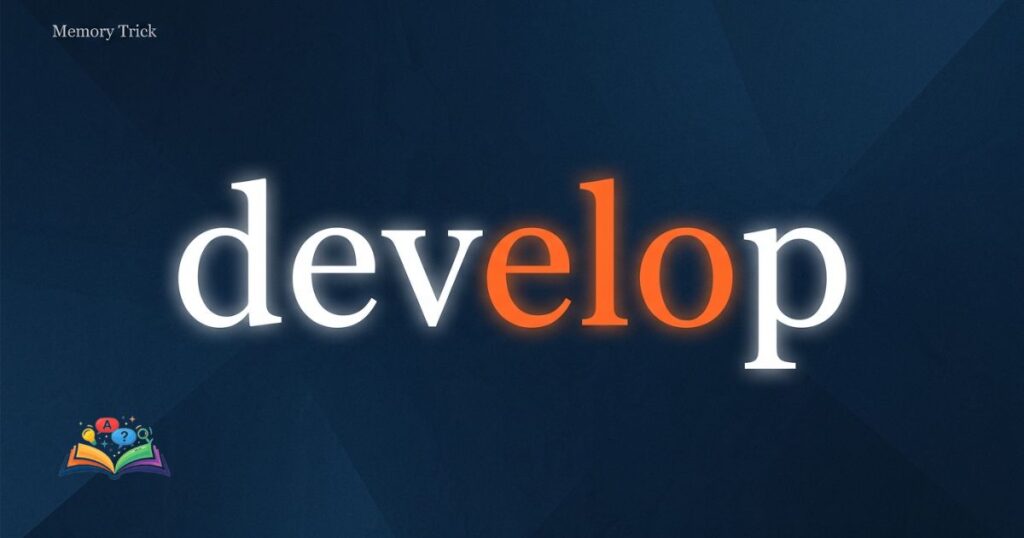 Memory trick visual for remembering correct spelling of develop using letter emphasis and highlight design