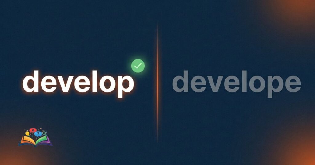 Side by side comparison of develop and develope showing correct spelling emphasis in a premium split layout