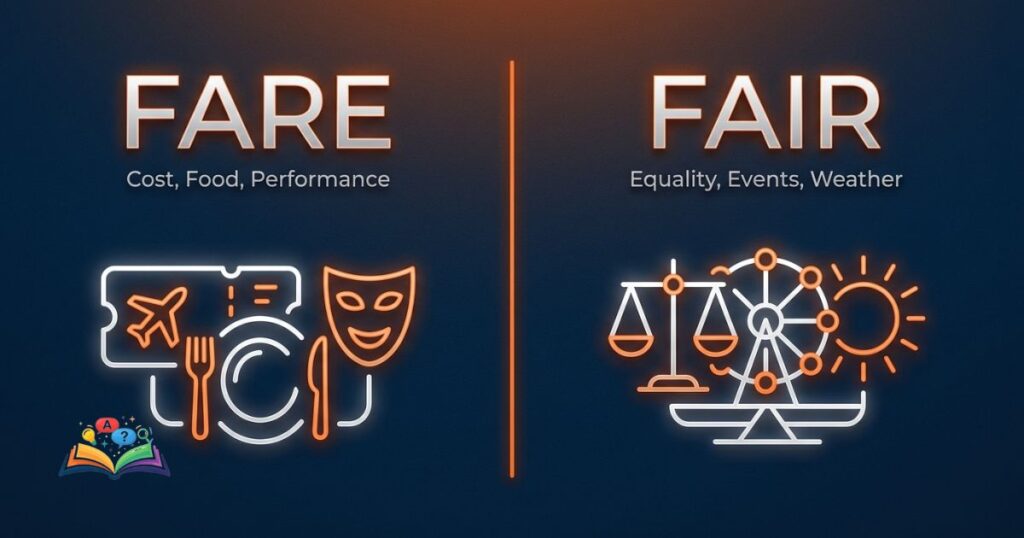 Side-by-side comparison of fare and fair showing different meanings with balanced typography design