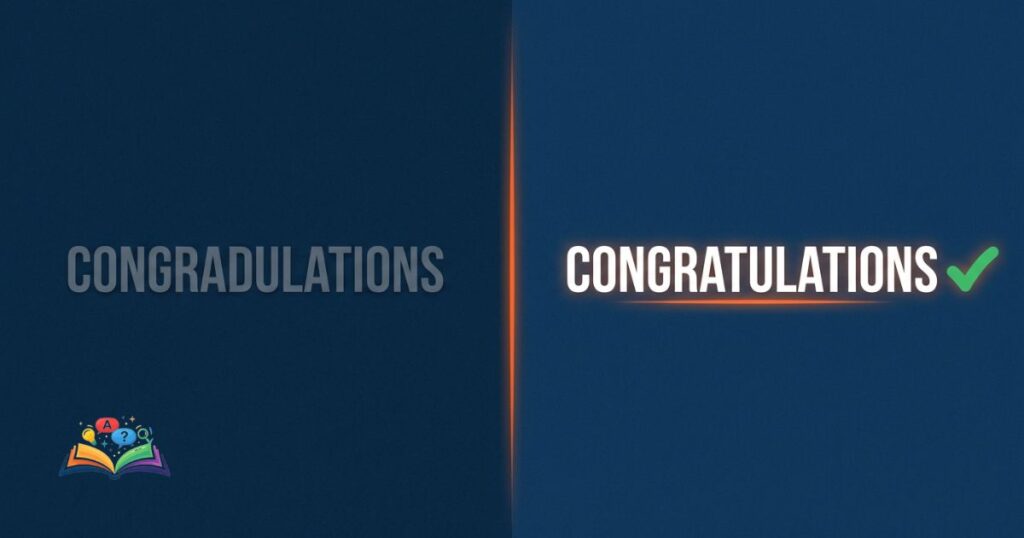 Side by side comparison of congratulations and congradulations spelling showing correct vs incorrect usage