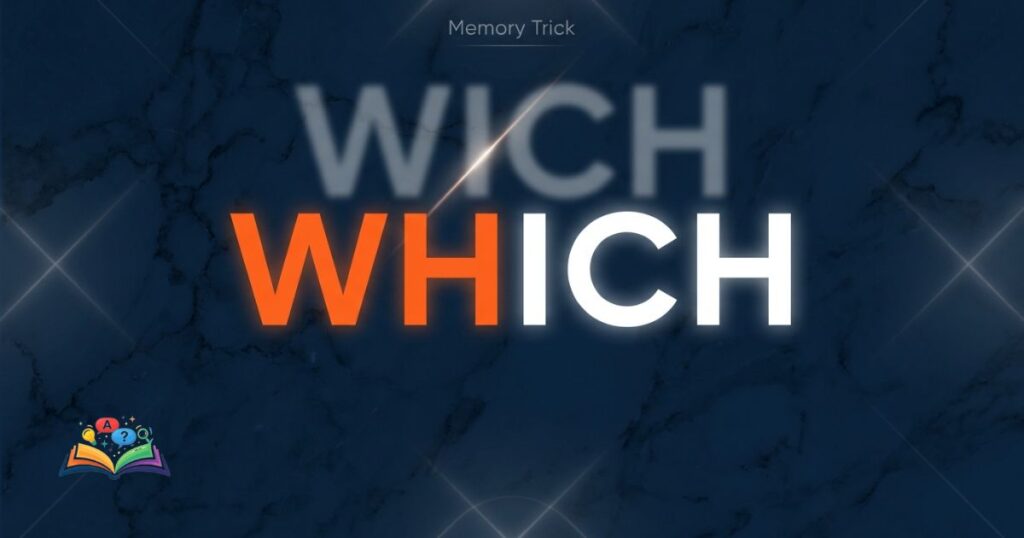Memory trick visual emphasizing the missing H in the correct spelling of which