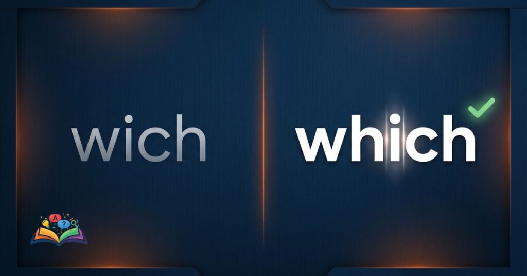 Split layout comparison image showing wich as incorrect and which as the correct spelling