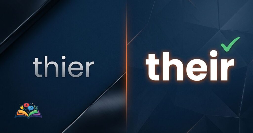 Split layout comparison image showing thier as incorrect and their as correct spelling