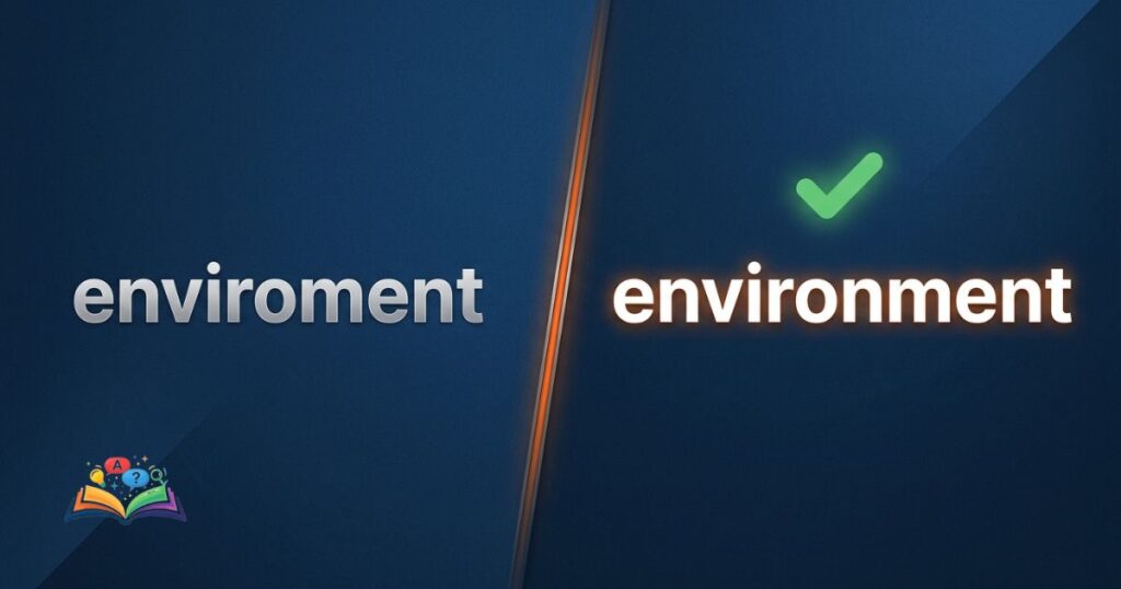 Split comparison image showing enviroment incorrect and environment correct spelling