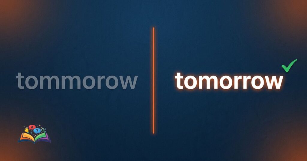Split layout comparison image showing tommorow as incorrect and tomorrow as the correct spelling
