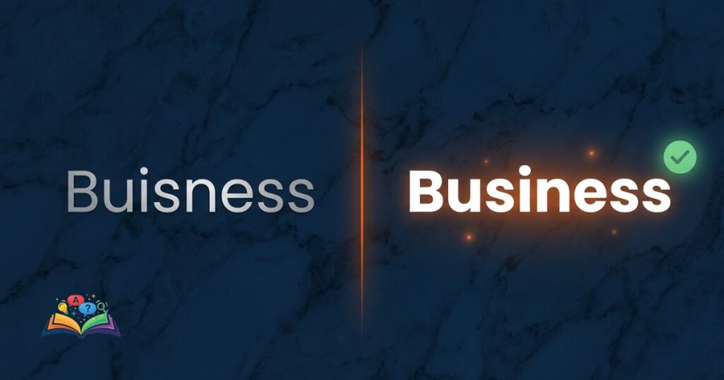 Split layout comparison image between business and buisness with correct spelling highlighted clearly