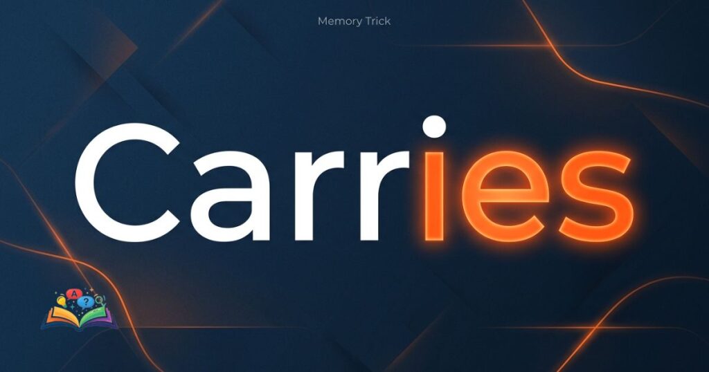 Visual memory trick highlighting the ies ending in carries to help remember the correct spelling