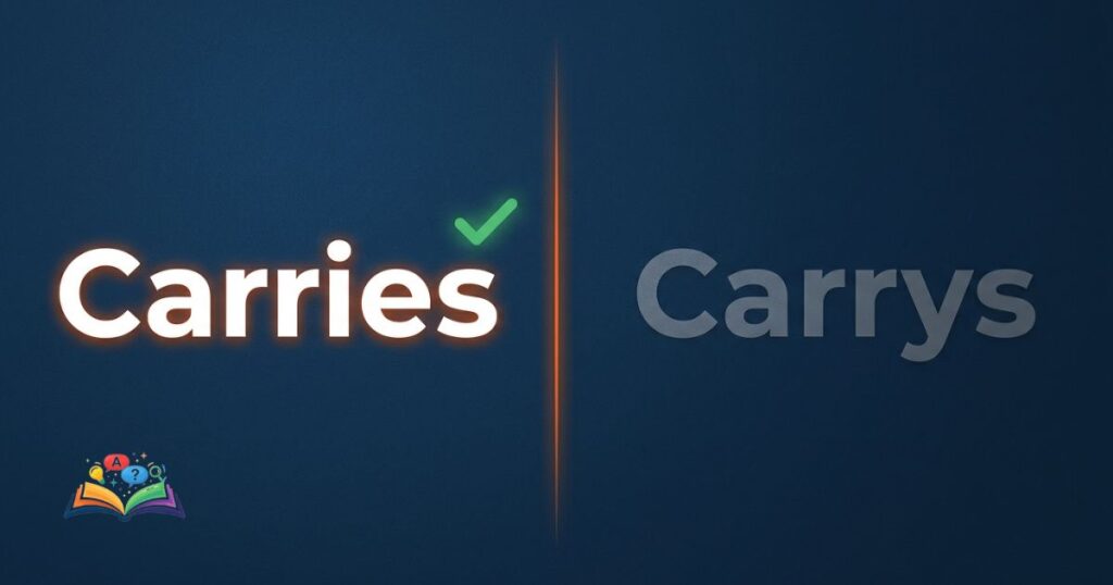 Split layout comparison image showing carries as the correct spelling and carrys as the incorrect spelling