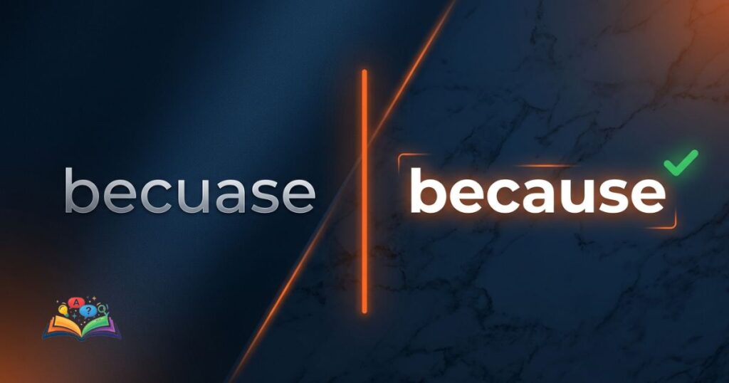 Split layout comparison showing becuase as incorrect and because as the correct spelling