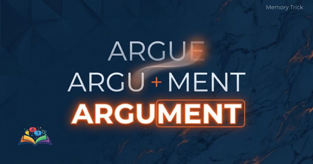Memory trick image highlighting why argument does not contain an extra e