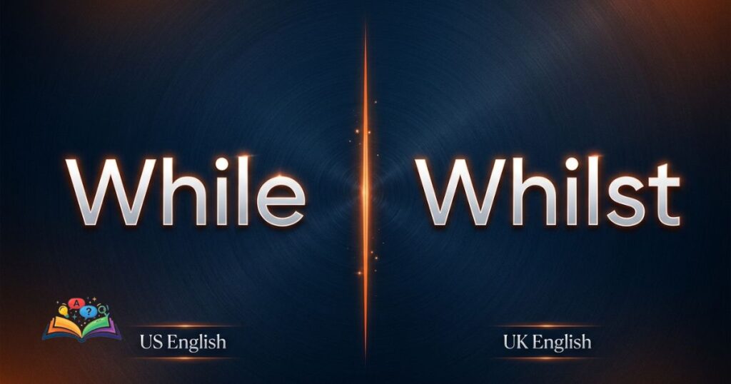 Split comparison image showing while and whilst in US and UK English usage