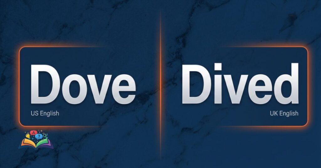 Split comparison image showing dove and dived as regional English variations