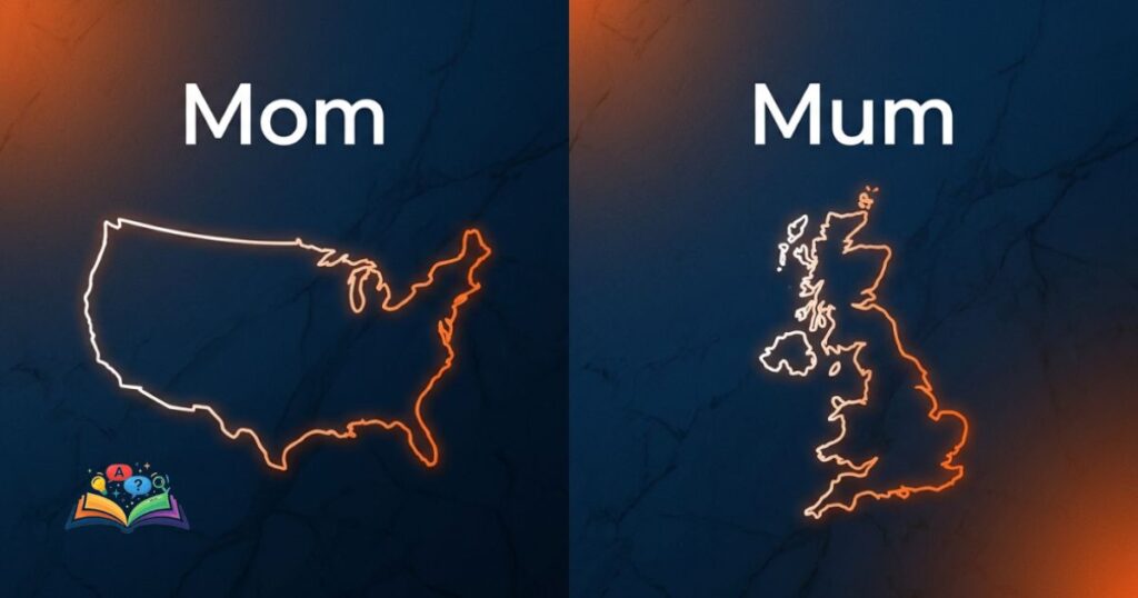 Contextual usage illustration showing mom and mum as regional English variations with symbolic visuals