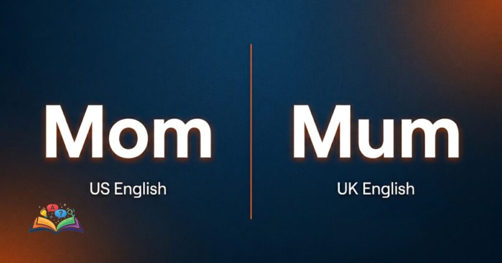 Split comparison image showing mom in American English and mum in British English