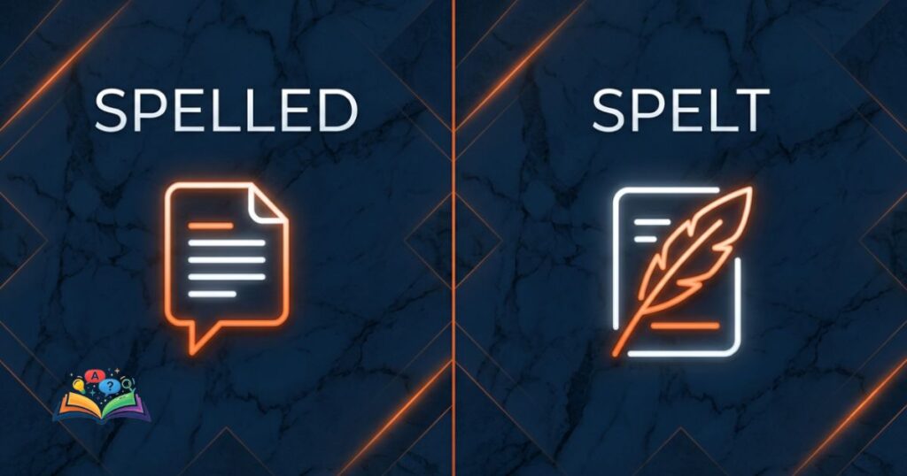 Contextual visual showing spelled and spelt as regional alternatives with symbolic language icons
