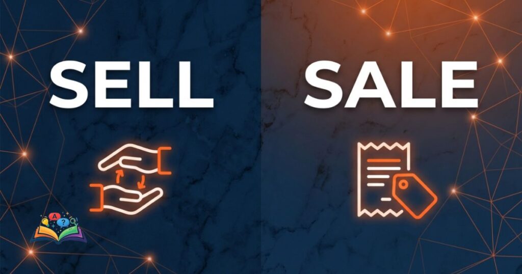 Visual representation of sell and sale using contextual icons and meanings.