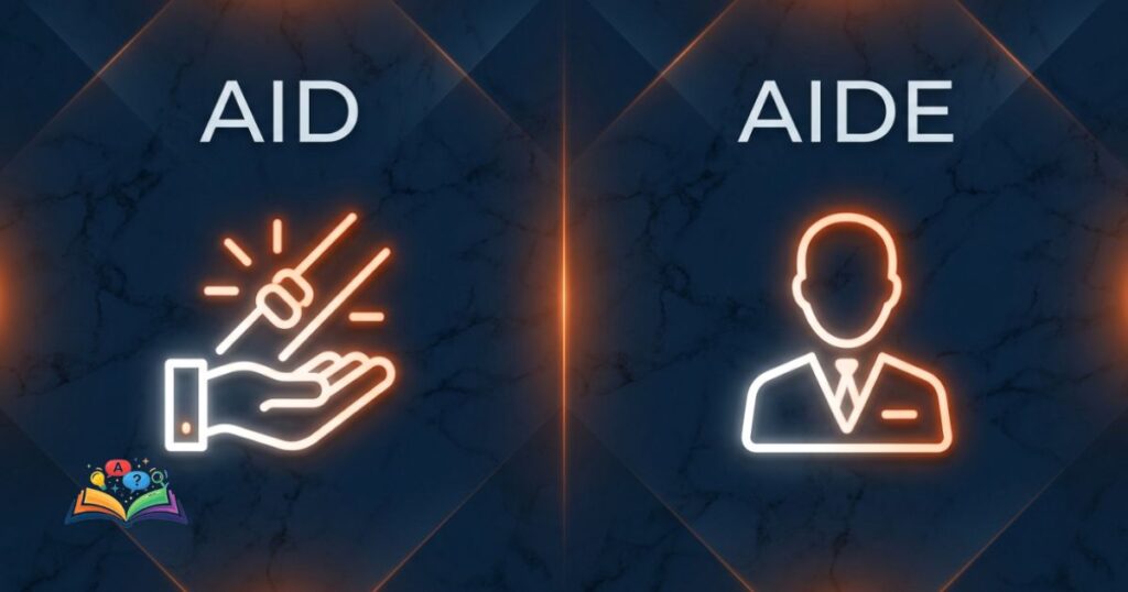 Visual representation of aid as assistance and aide as a helper using abstract icons
