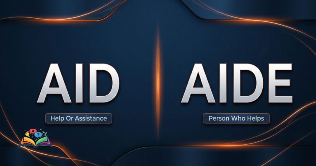 Side-by-side comparison of aid and aide showing their different meanings