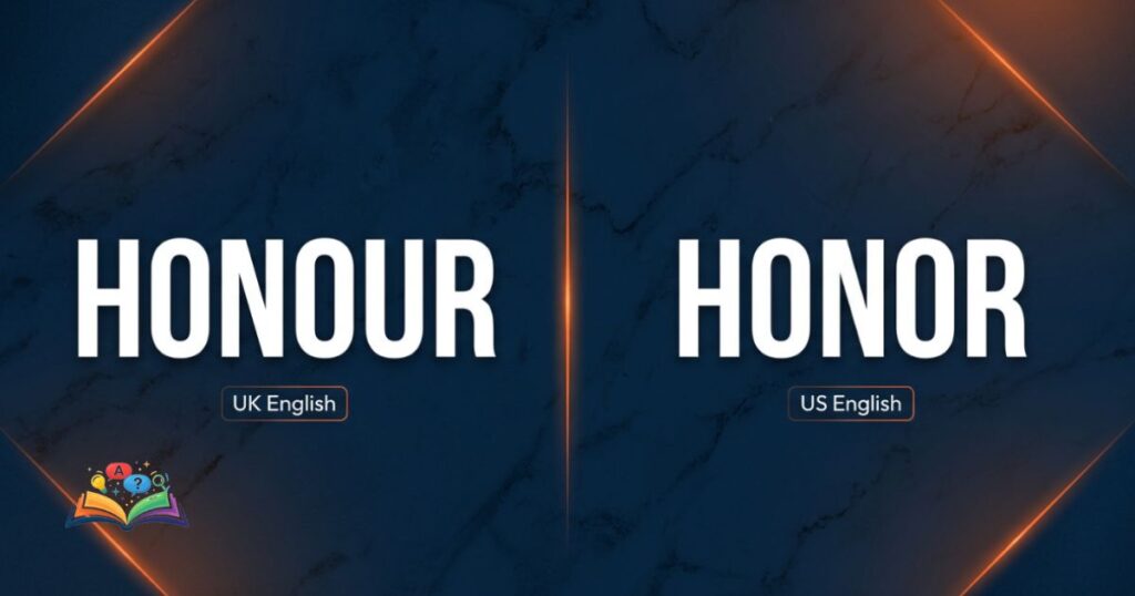 Side-by-side comparison of honour and honor with UK and US English labels
