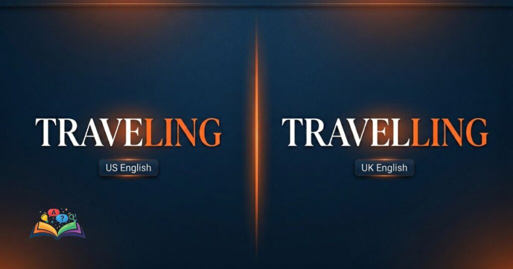 Side-by-side comparison of traveling and travelling with US English and UK English labels