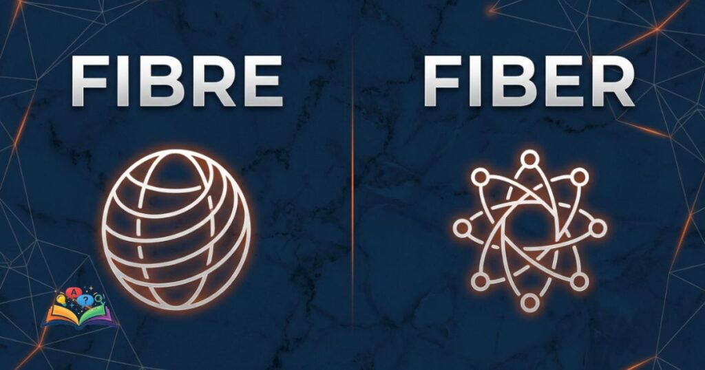 Contextual usage illustration showing fibre and fiber as regional spelling variations