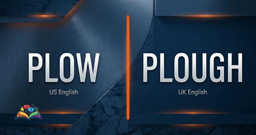 Side-by-side comparison of plow and plough spelling in American and British English