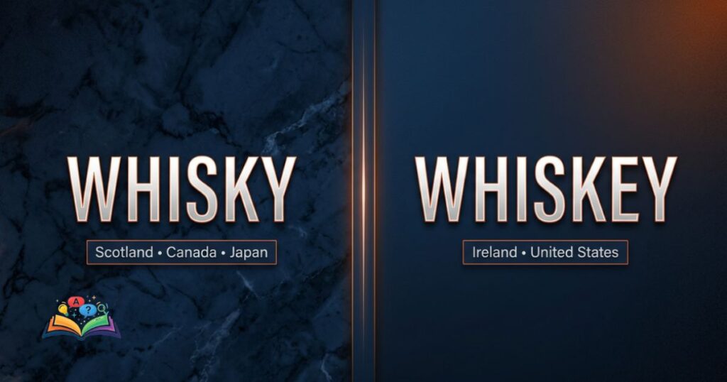Split comparison showing whisky and whiskey with regional labels