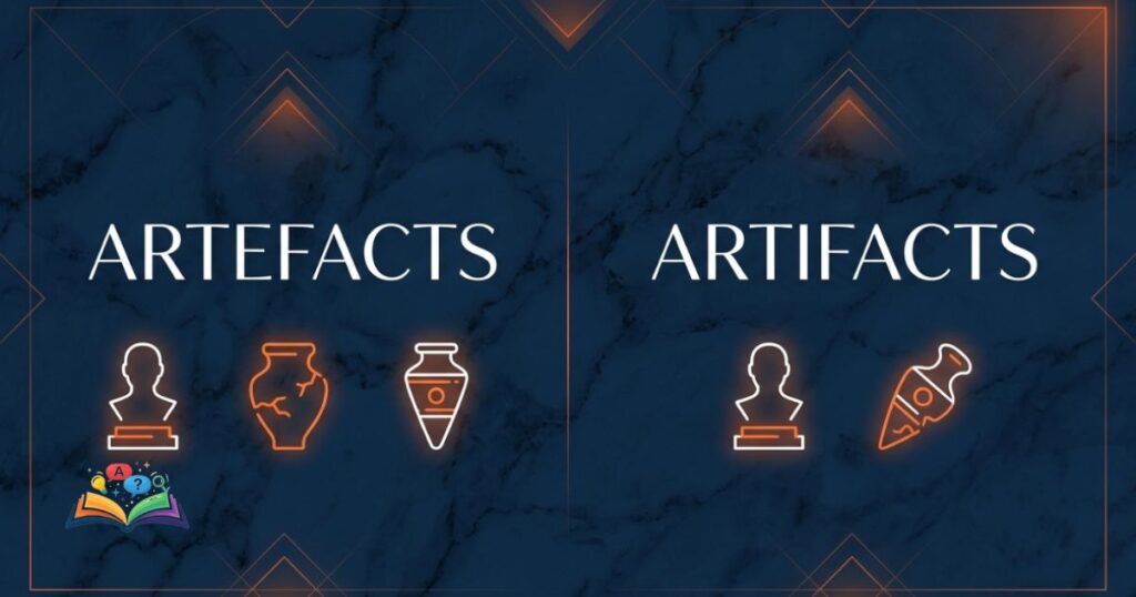 Contextual visualization showing artefacts and artifacts as equivalent regional spellings representing historical and cultural objects.
