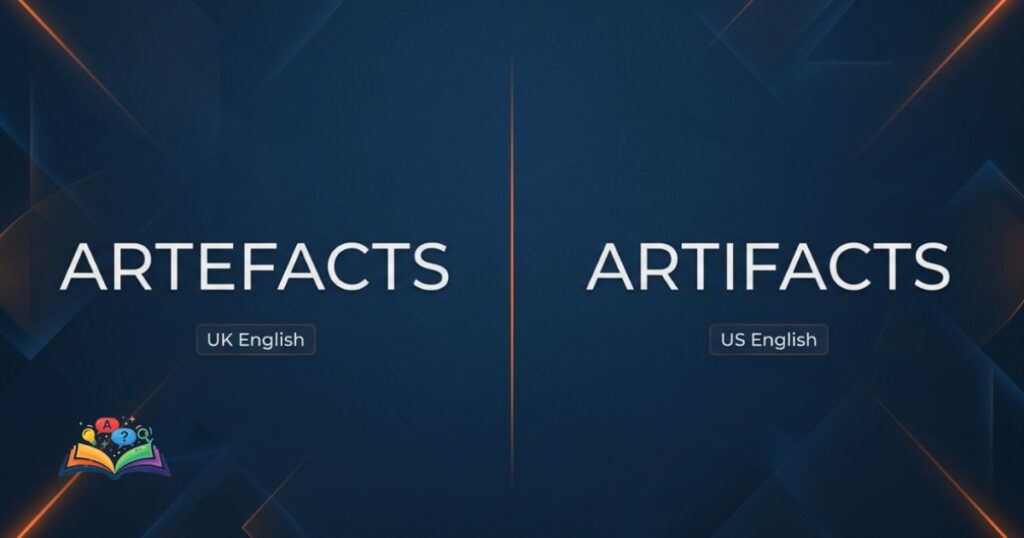 Side-by-side comparison of artefacts and artifacts with UK English and US English labels.