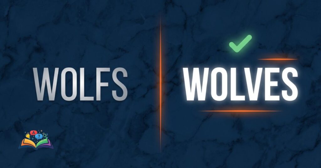 Side-by-side split screen comparison showing the correct word Wolves with a green checkmark and the incorrect word Wolfs faded.