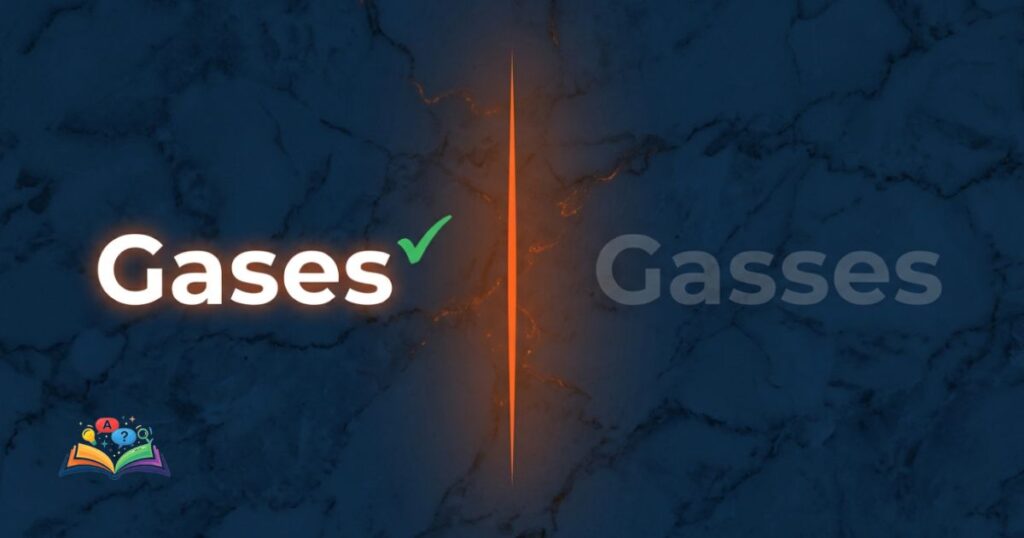 Side by side split layout comparison demonstrating that gases is the standard spelling while gasses is dimmed.