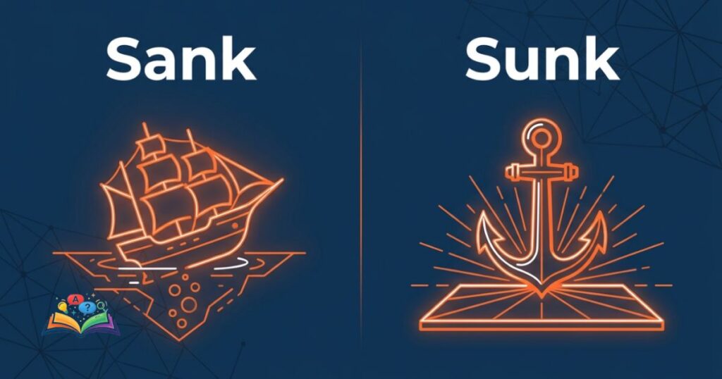 An abstract minimalist graphic illustrating the contextual meanings of sank and sunk using glowing geometric silhouettes.