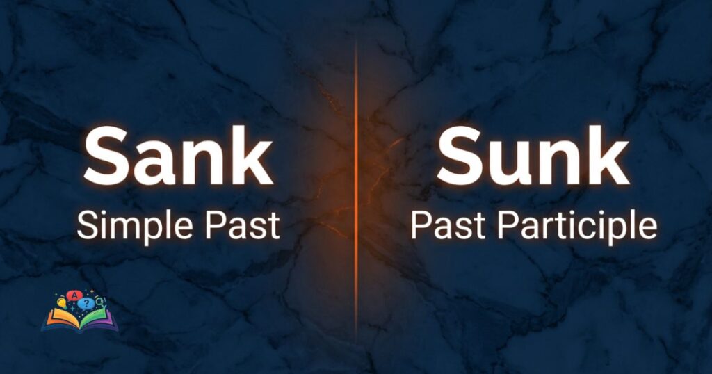 A split-screen comparison graphic displaying the distinct grammatical use cases for sank and sunk with clear context labels.