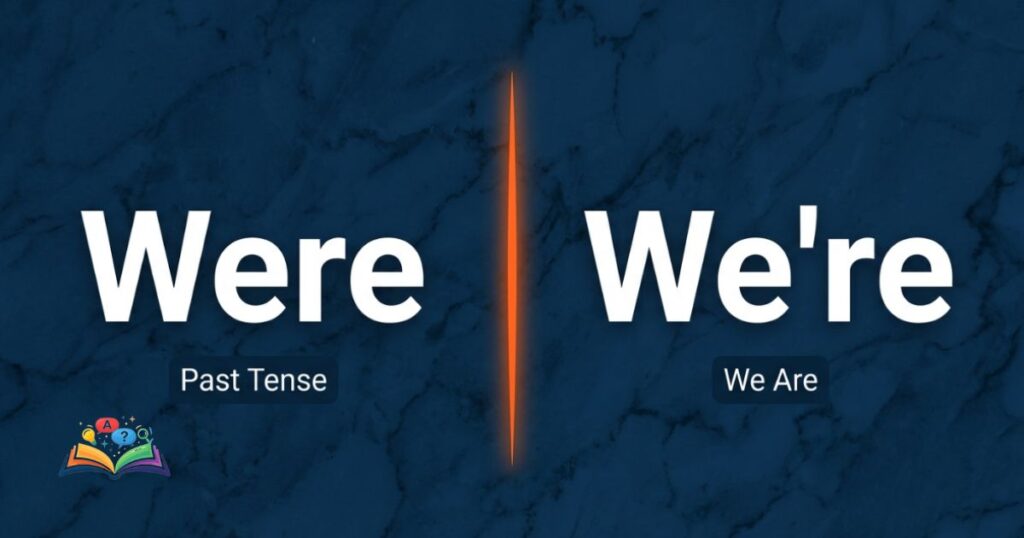 A balanced split-screen comparison layout contrasting the past-tense verb Were on the left with the contraction We’re on the right.