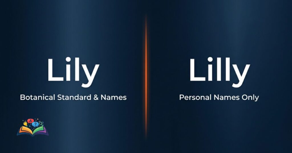 Split layout graphic comparing Lily and Lilly, showing contextual labels for botanical and personal name usage.