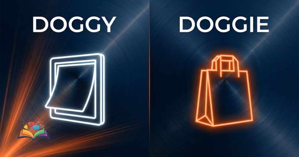 A minimalist split design displaying abstract glowing silhouettes that represent the household and food contexts of doggy and doggie.