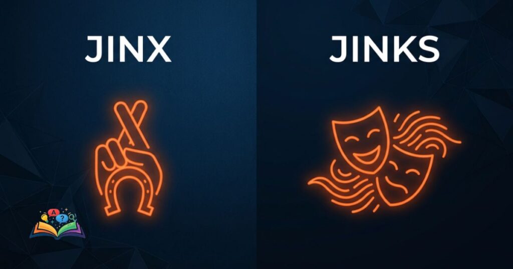 Minimalist visual representation comparing jinx bad luck concept with jinks mischief concept